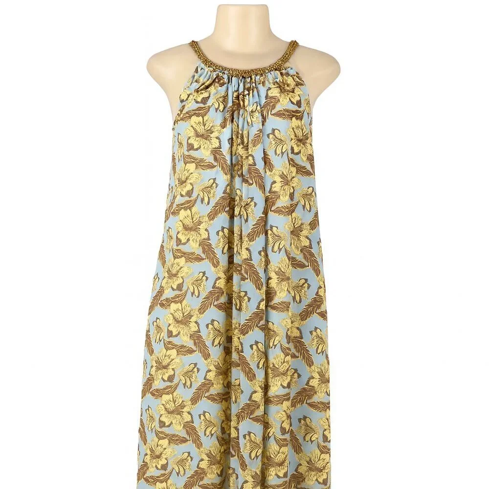Light Blue Floral Maxi Skirt with Yellow and Brown Print